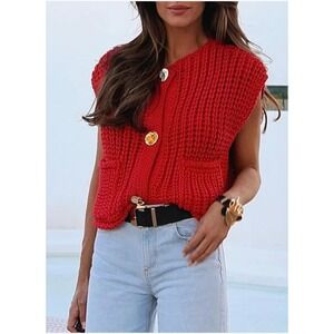 Hot‎ Pink Chunky Knit Button Front Vest Women's Size Small